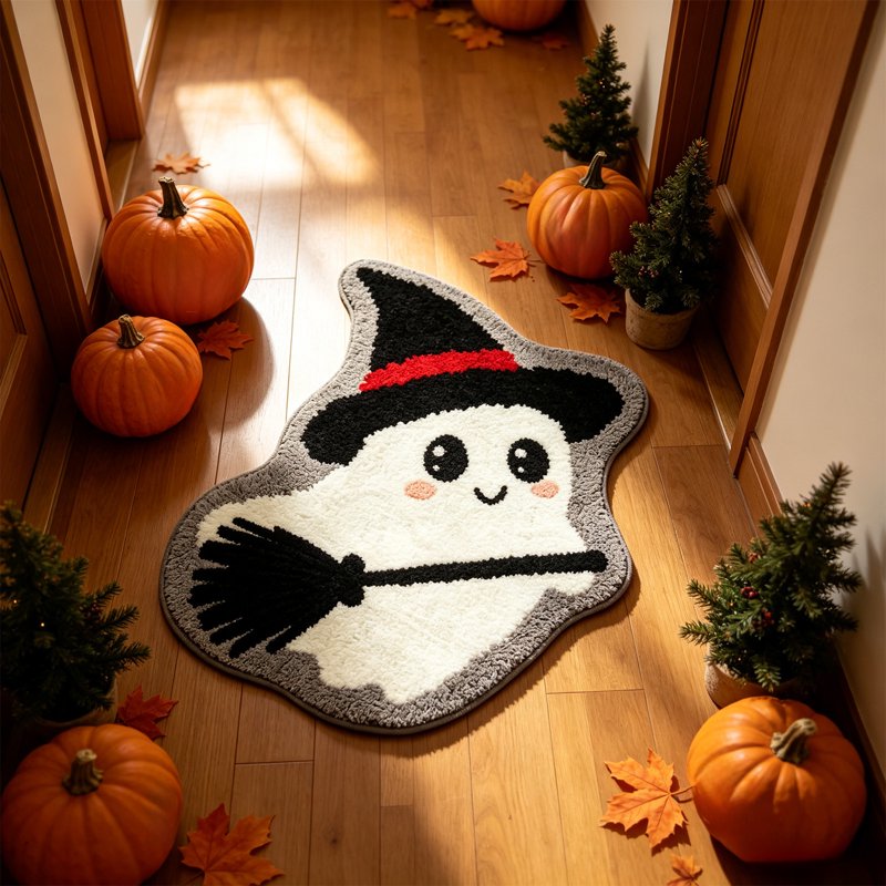 Halloween Ghost Doormat Broom B Style - Washable, Grip-Enhanced Floor Rug