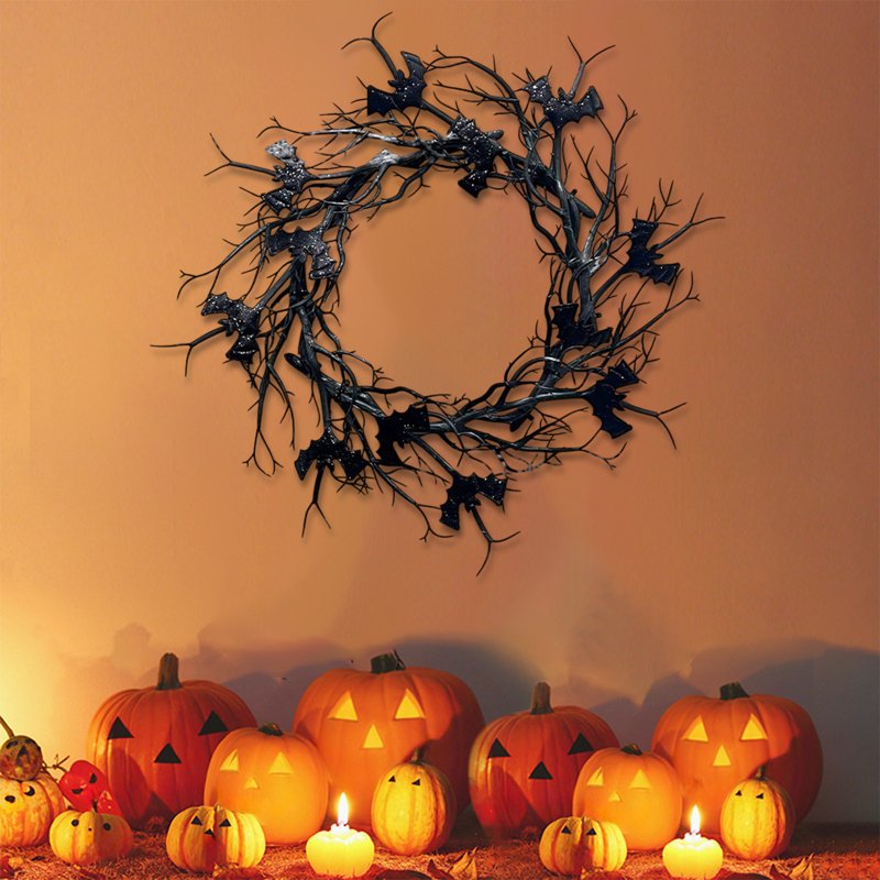 Black Twig Halloween Wreath for Front Door - Spooky Indoor Outdoor Decor - Variation 1