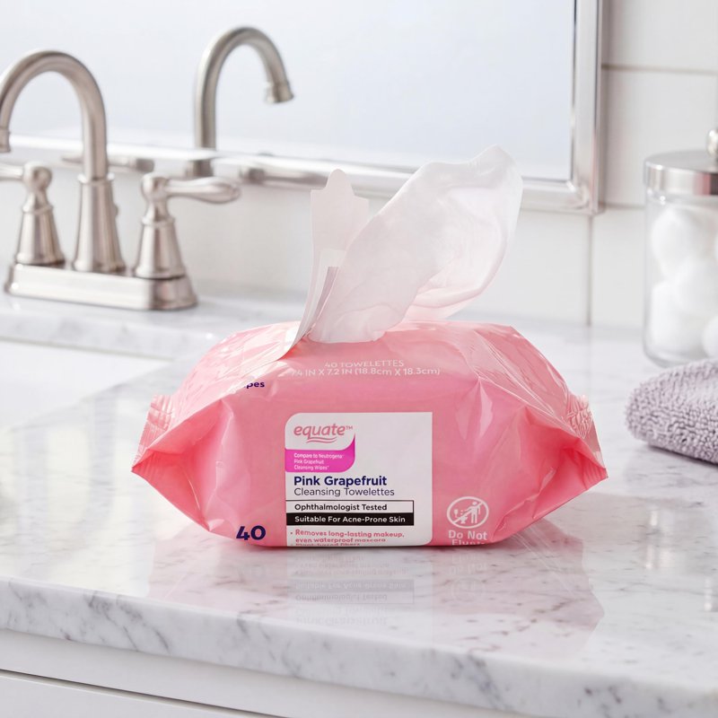 Pink Grapefruit Facial Cleansing Wipes - Makeup Remover Towelettes, 80 Count