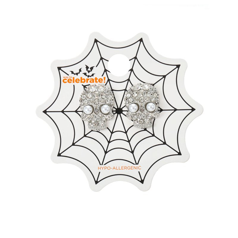 Skull Embellished Halloween Earrings - Skull Stud Variation, Spooky Party Jewelry