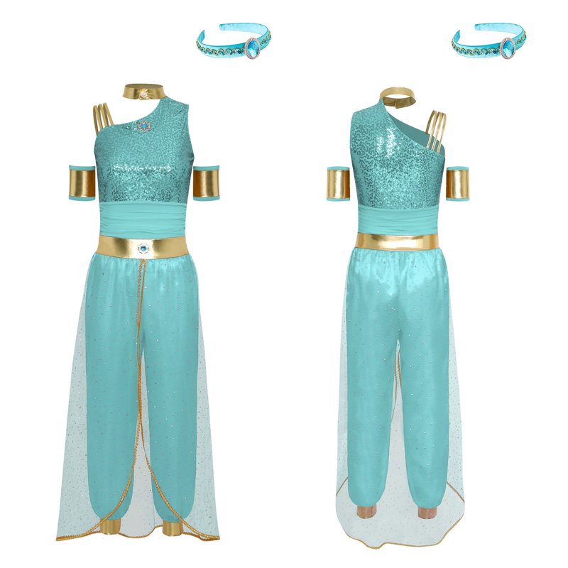 Women's Princess Cosplay Jumpsuit Belly Dance Costume with Headwear - Mint Green XXL