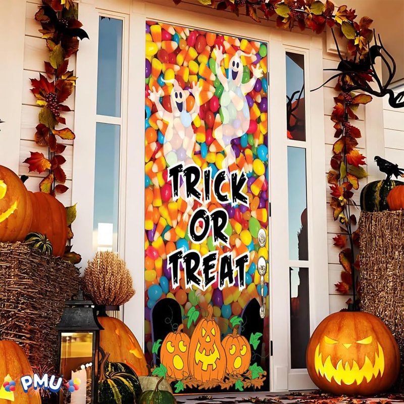 1 Pack Halloween Door Cover - Trick or Treat Candy & Spider Design - Indoor Outdoor Spooky Decor