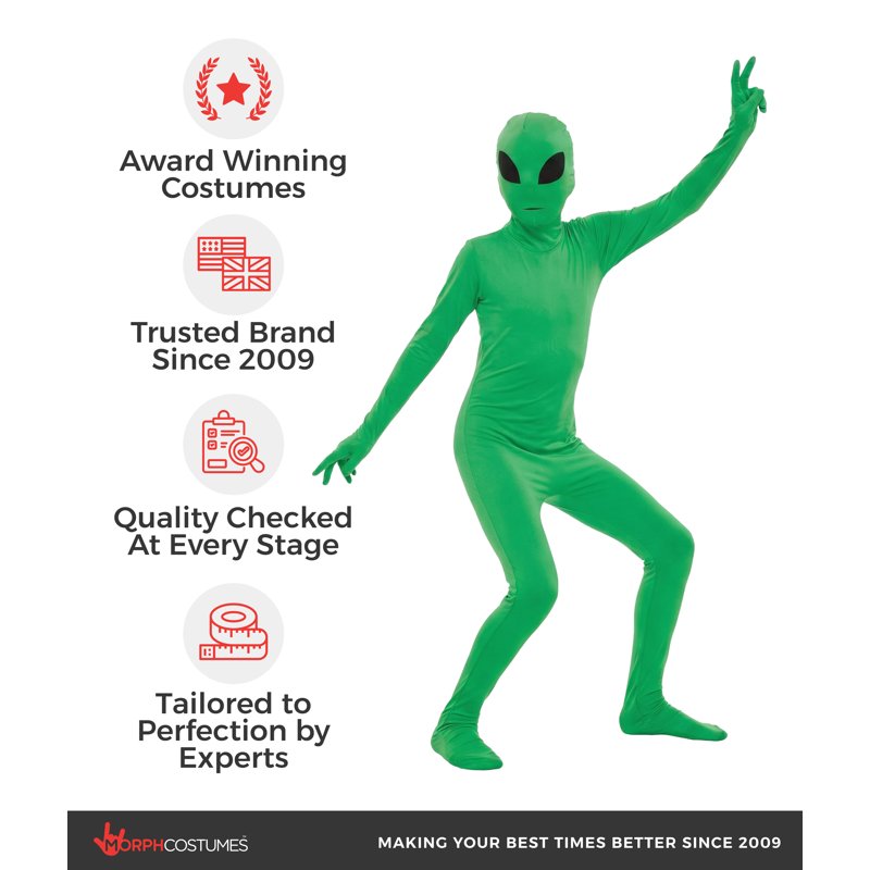 Kids Alien Morphsuit Costume - Small, Green, Glow-in-the-Dark Details, Fancy Dress for Halloween & Book Week
