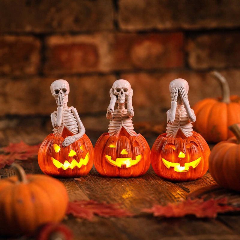 Halloween Skeleton Pumpkin Light - Orange Resin Skull Lantern for Indoor Outdoor Decor