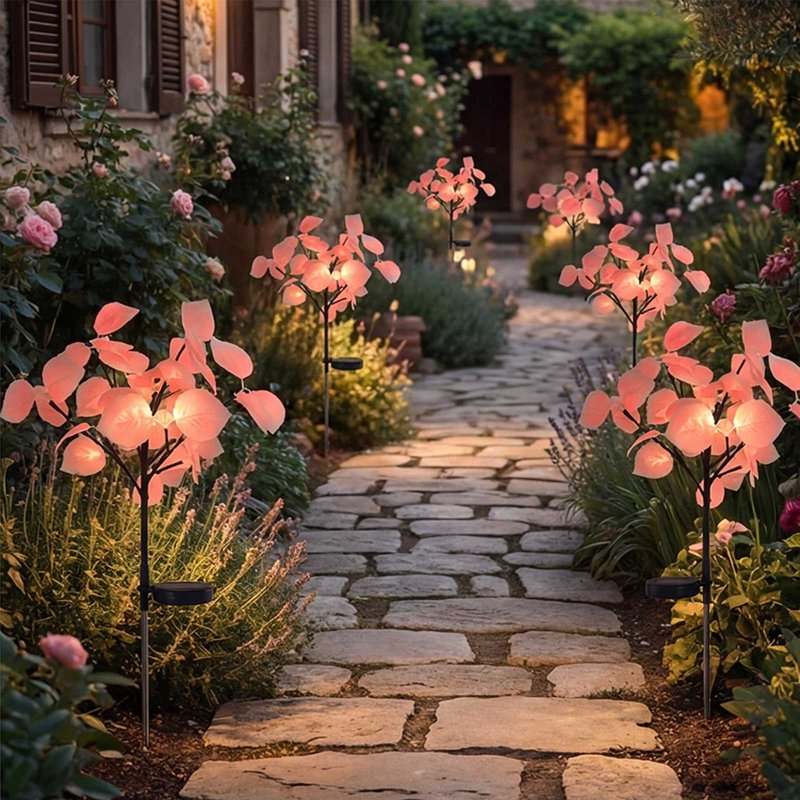 Garden Solar Lights Pink Eucalyptus Leaves Outdoor Waterproof Pathway Lamp R