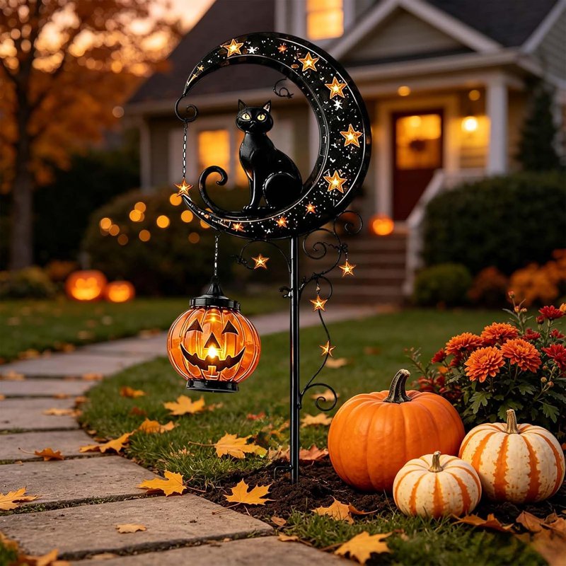 Solar Halloween Garden Stake Light with Black Cat Pumpkin Moon - Waterproof Outdoor Decor - C-1PC