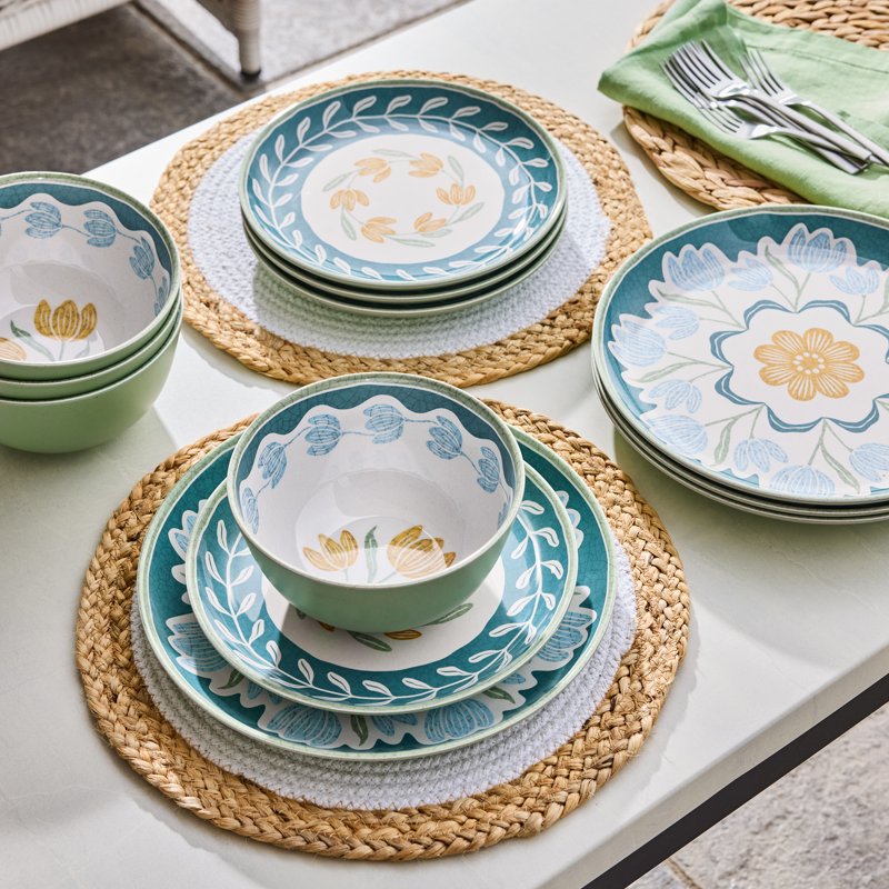 12-Piece Floral Reusable Bamboo Melamine Dinnerware Set - Service for 4
