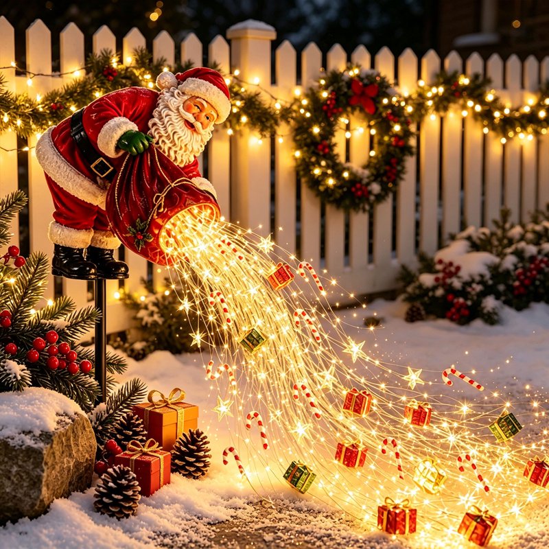 Santa Magic Pouring LED Christmas Garden Light - Solar Stake with Star Gift Box Candy Cane - Outdoor Holiday Decor - Variation B6