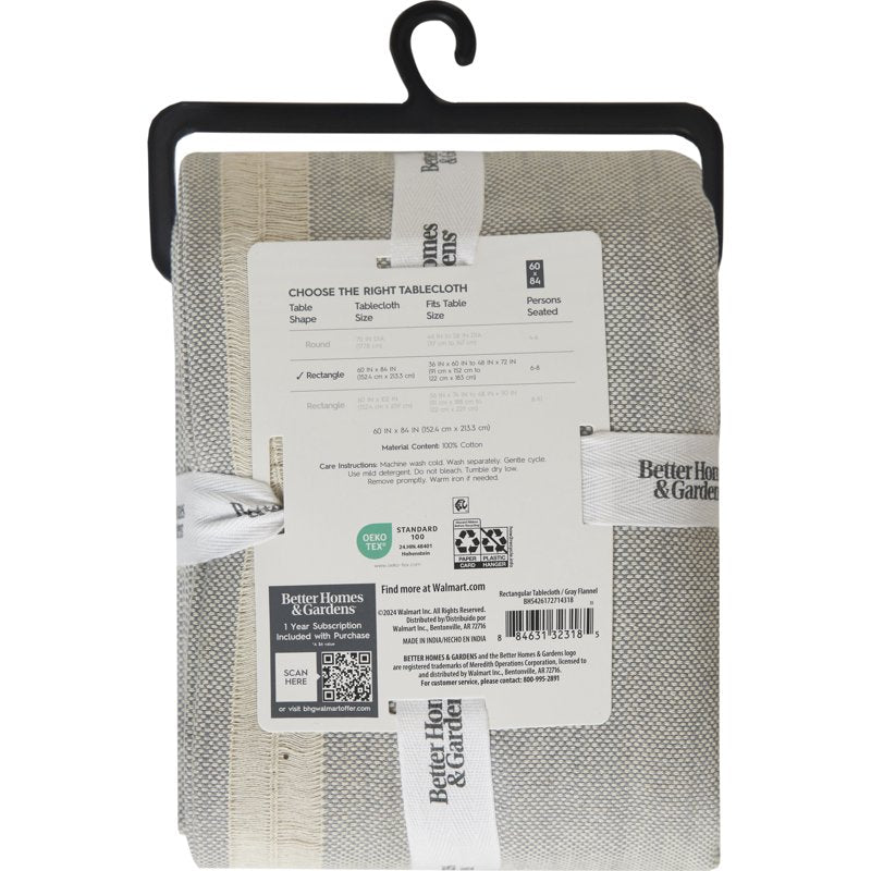 Grey Fringe Tablecloth 60" x 84" - 100% Cotton - Flannel/Natural