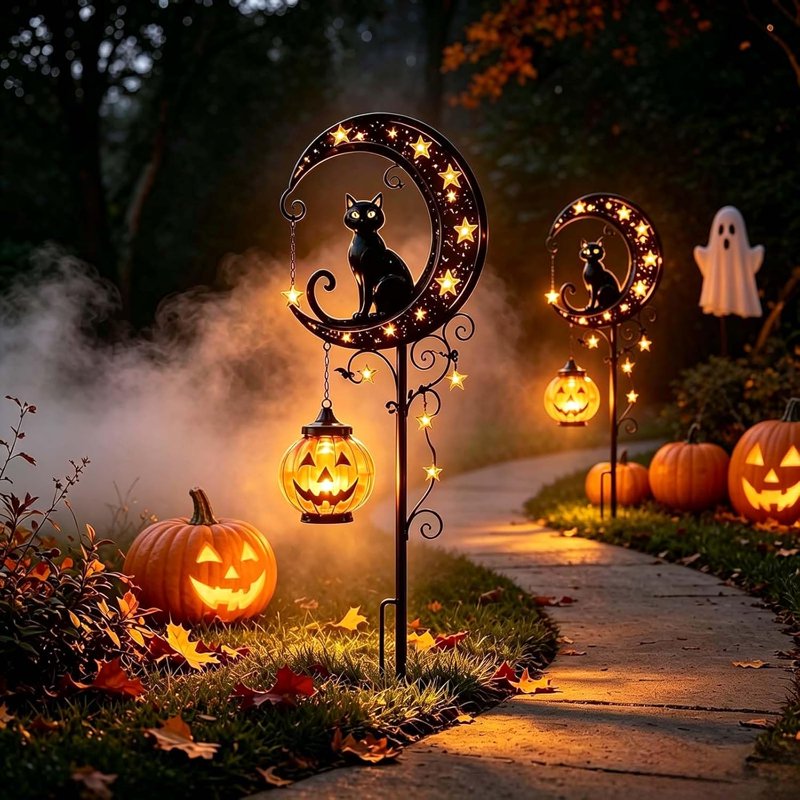 Solar Halloween Black Cat & Pumpkin Moon Garden Stake Light - Outdoor Waterproof Decoration with Crescent Moon - Variation A+C