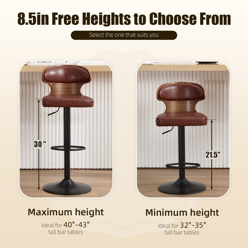 Swivel Bar Stools Set of 2 - Wooden Kitchen Chairs with Back, Brown