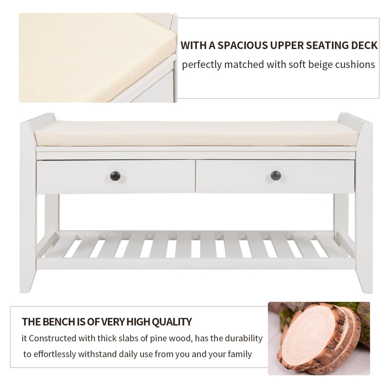 35" Shoe Rack Storage Bench with Cushioned Seat and Drawers