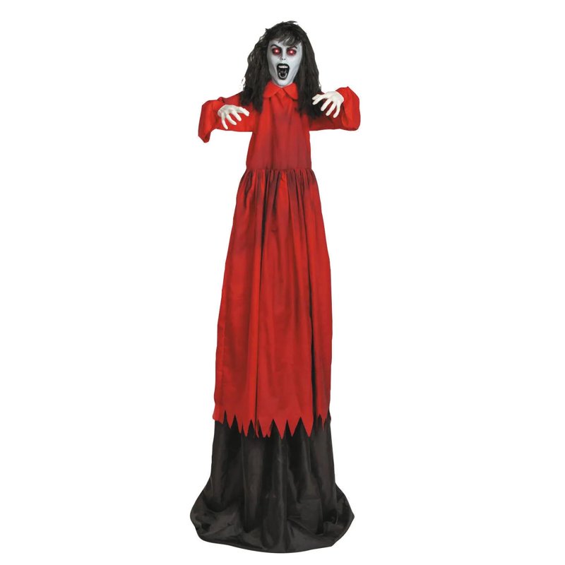 6Ft Animated Standing Halloween Lady in Red Dress Outdoor Decoration