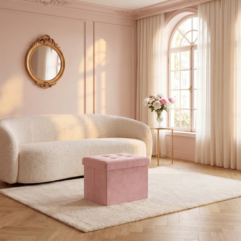 Foldable Storage Ottoman - Jelly Pink, Space-Saving Footrest