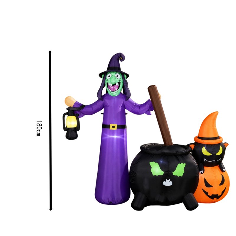 Giant 71-Inch Light-Up Halloween Inflatable Witch Cauldron with Pumpkin - Outdoor Yard Decor - Variation D