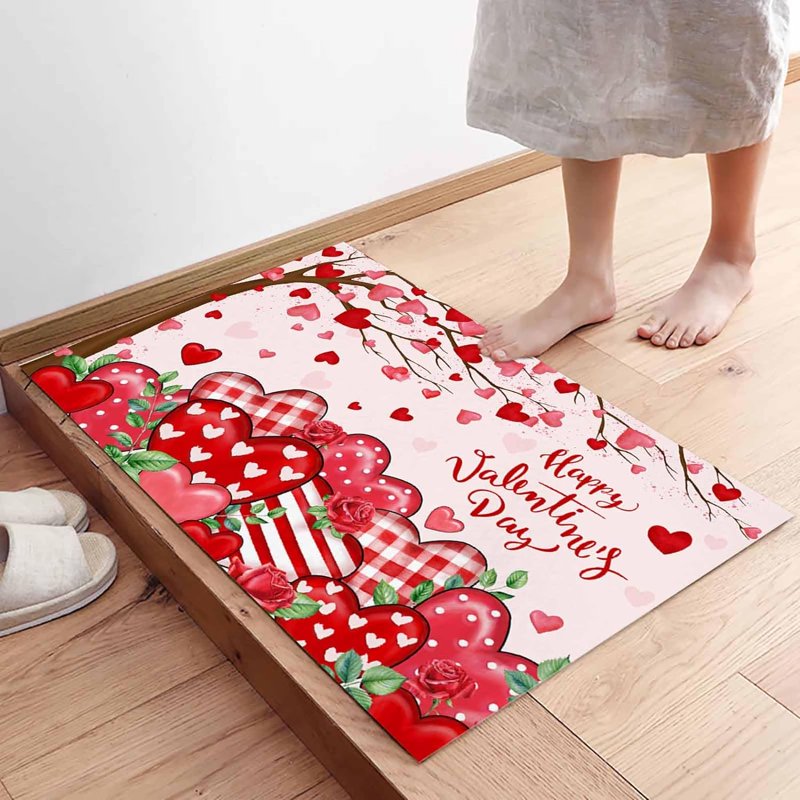 Valentine's Day Heart Tree Entrance Doormat - Pink Welcome Rug 30x18 inch, Non-Slip Indoor Entryway Decor