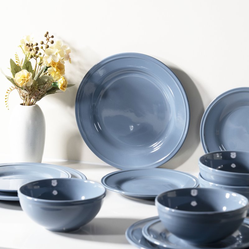 12-Piece Stoneware Dinnerware Set - Blue Corduroy, Ribbed