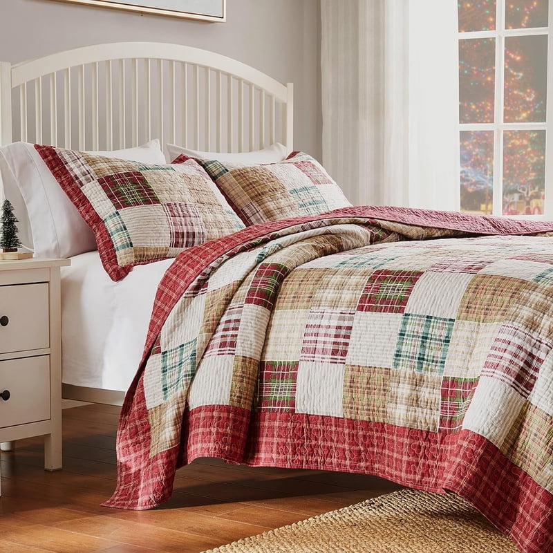 Twin-XL Greenlaand Home Fashions Oxford Cotton Quilt Set - Reversible, Red Plaid