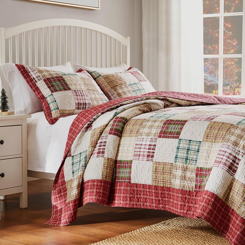 Full/Queen Reversible Cotton Quilt Set with Pillow Shams - Red, 3-Piece