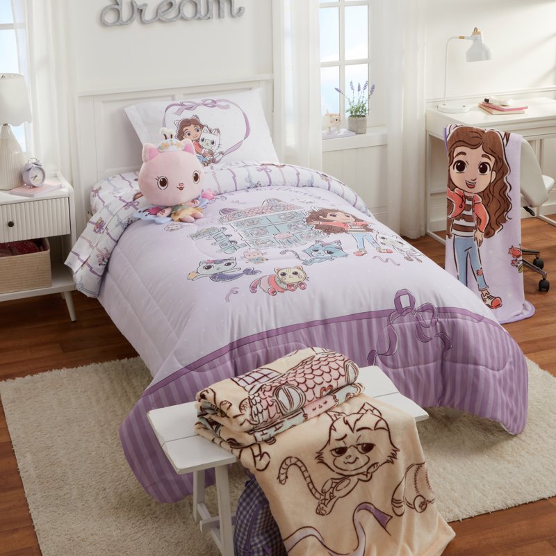 Kids Reversible Comforter Set - Gabby's Dollhouse Cat-Tabulous Purple, Full Bed in a Bag