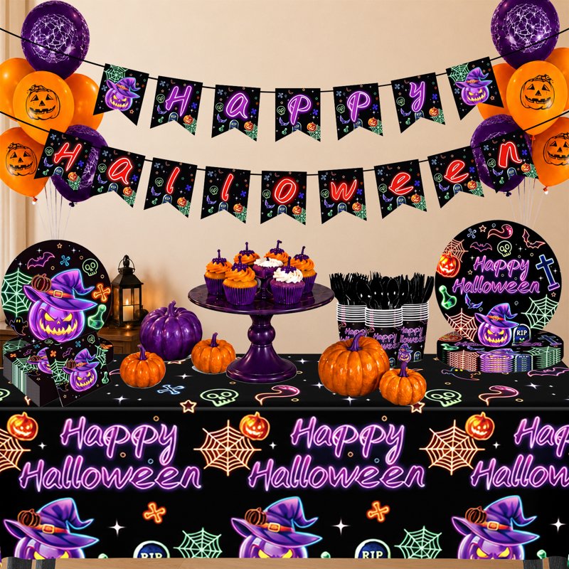 Halloween Evil Pumpkin Neon Tableware Set for 24 Guests - Disposable Party Supplies