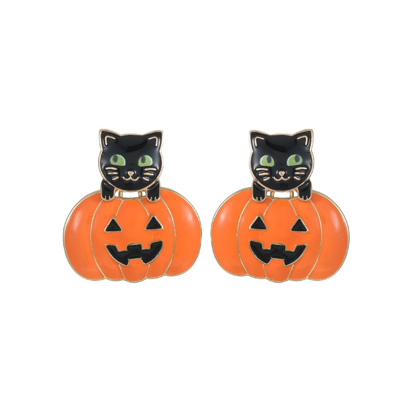 Halloween Jack-O-Lantern Cat Earrings - Pumkin Cat Variation, Lightweight Dangle Jewelry