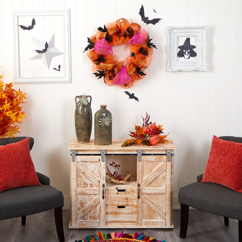 Halloween Spider Mesh Wreath - 26 Inch Orange Decor for Door or Wall