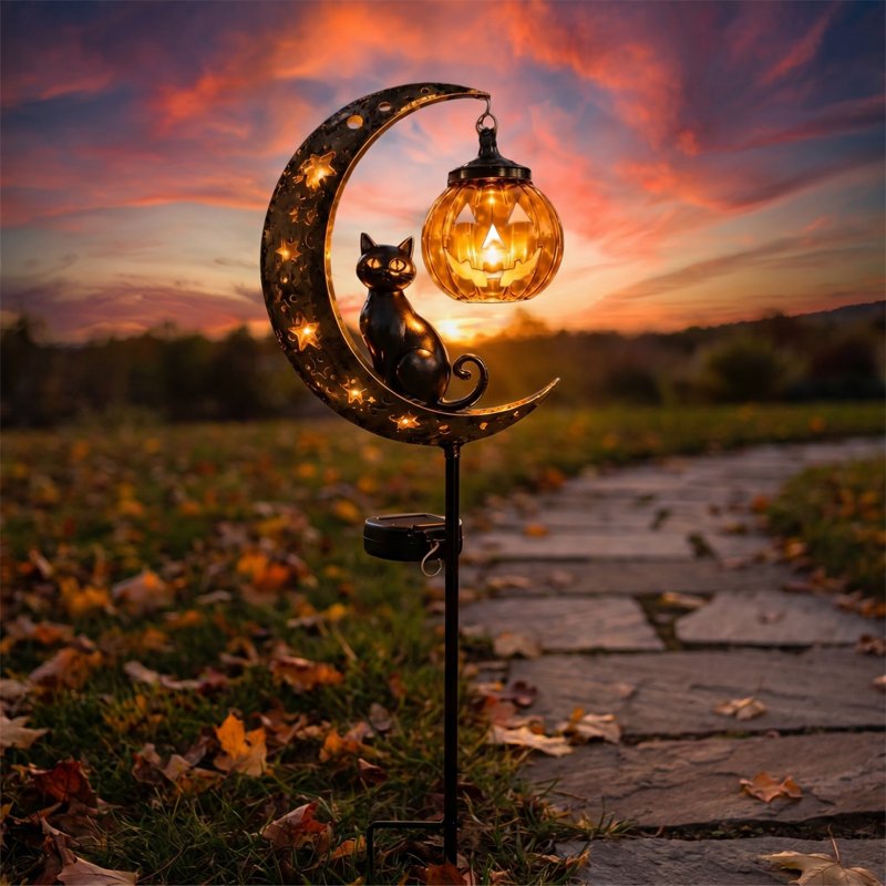 Halloween Solar Garden Stake Light Metal Crescent with Pumpkin & Cat C
