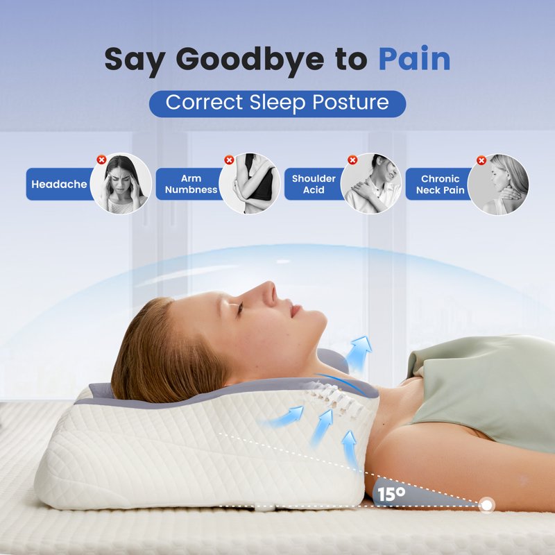 Queen Size Cervical Contour Pillow - Pain Relief & Cooling Memory Foam Bed Pillow, Dark Gray - Suitable for Side, Back & Stomach Sleepers