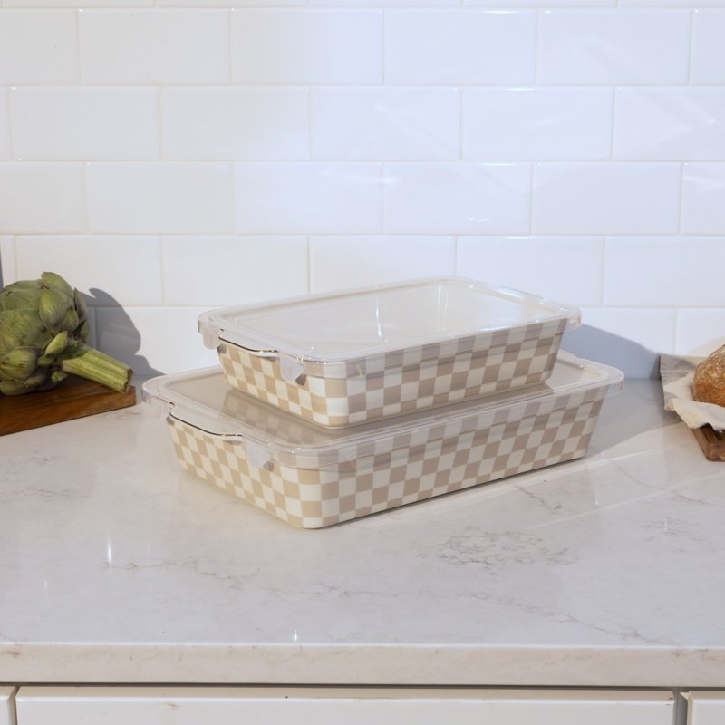 Checkered Ceramic Casserole Dish Set with Lids - Tan - 4-Piece