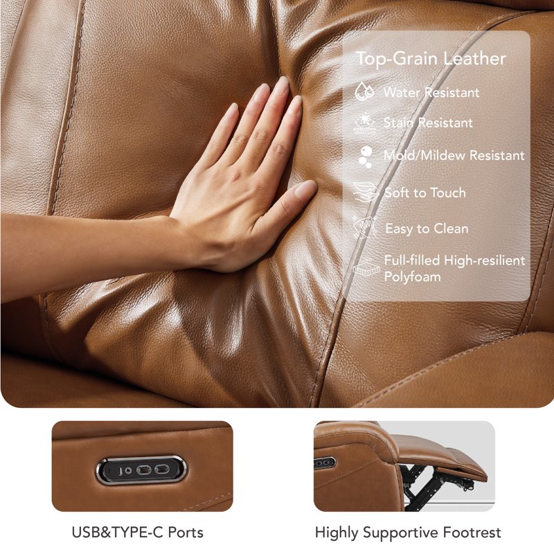 Genuine Leather Wall Hugger Power Recliner with Dual Motors
