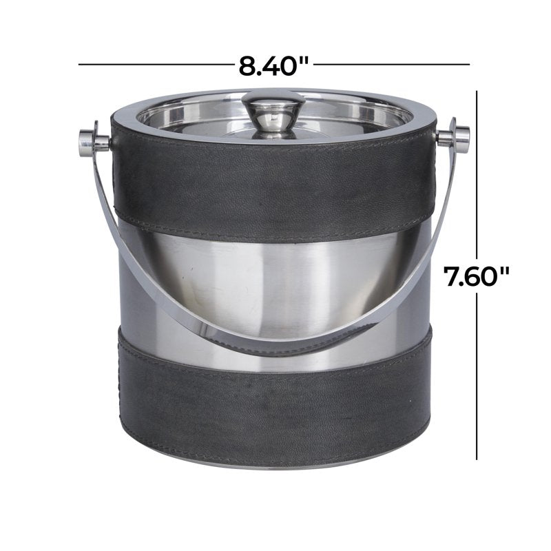 Round Handmade Gray Leather Ice Bucket with Lid - 8" x 7"