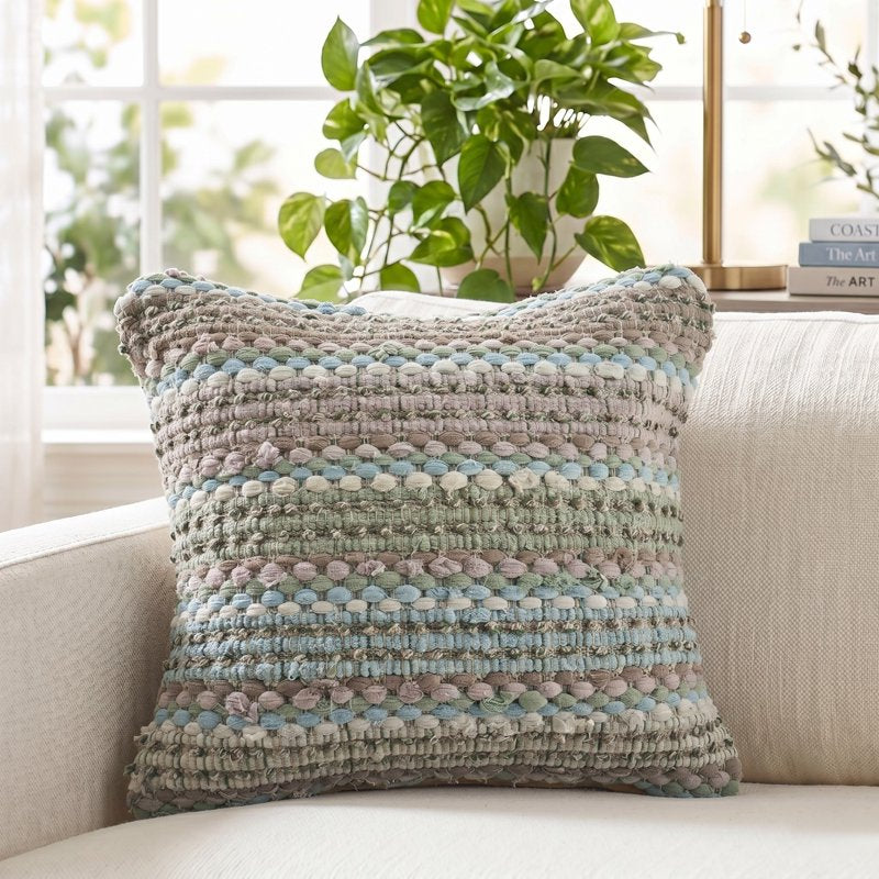 Decorative Throw Pillow - Green/Blue Striped Cotton Blend, 18x18 Inches - Variation of Green