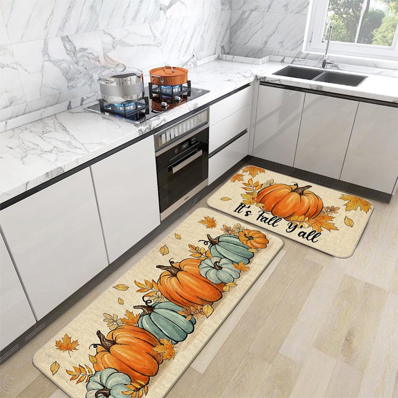 Halloween Pumpkin Rugs and Mats Set - D Variation, Non-Slip Kitchen Floor Decor 16x24in + 16x48in