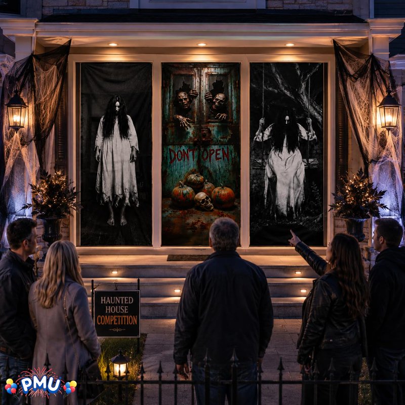 PMU Halloween Door Cover Set - 4 Bundles Spooky Outdoor Decor with Variation of 1