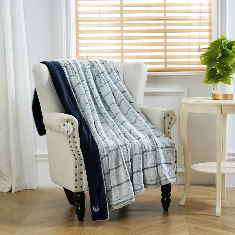 Faux Fur Plush Throw Blanket - Reversible, 50x70 inches, Navy