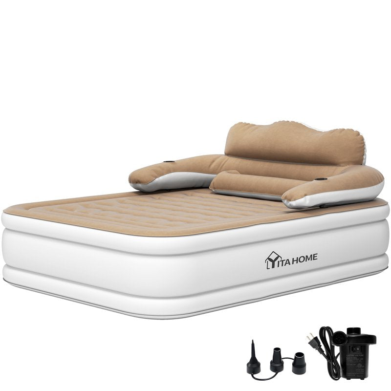 Queen Size Inflatable Air Mattress with Headboard & Built-In Electric Pump - Brown, Variation of Queen Brown-Style2