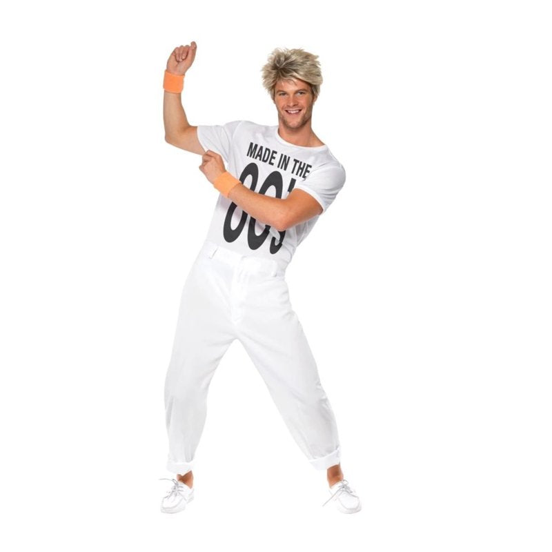 Men's 80s Costume with Top and Trousers - Large White, Made in 80's Variant L
