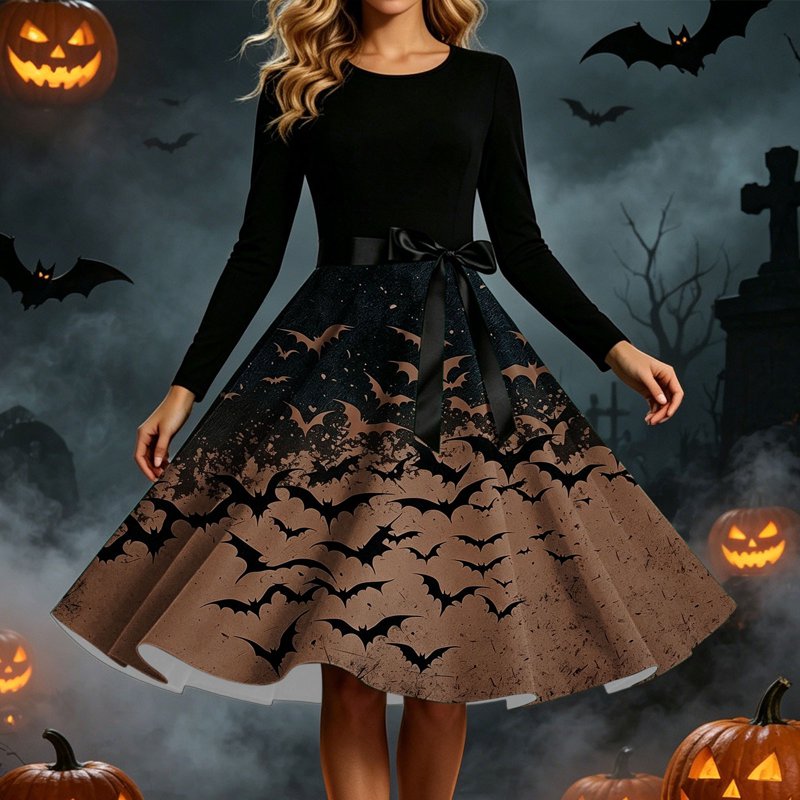 Women's Vintage Halloween Bat Print Swing Dress with Satin Sash - Brown XL