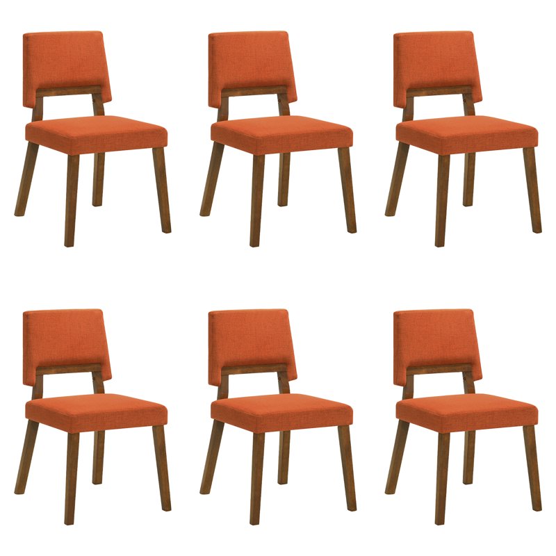 Wood Dining Chairs Set of 6 - Walnut Finish with Orange Fabric