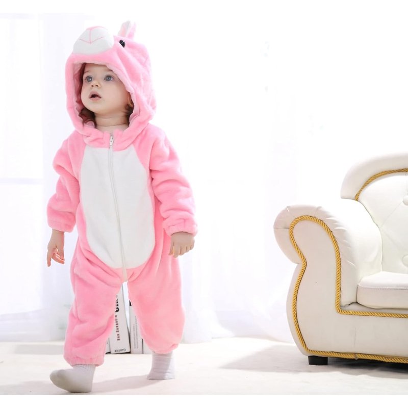 Pink Rabbit Baby Animal Costume Romper - 6-12 Months Winter Toddler Jumpsuit