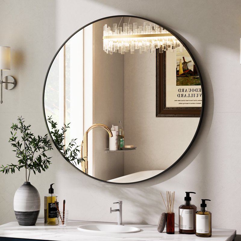 AUROMIR 24x24 Inch Round Wall Bathroom Mirror - Black Modern Vanity