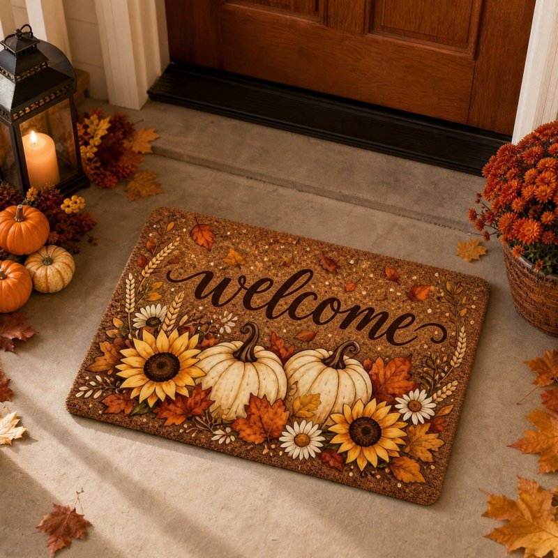 Fall Welcome Doormat with Pumpkin & Maple Leaves - Multicolor 001 - 16x24 Inch Outdoor & Indoor Rug