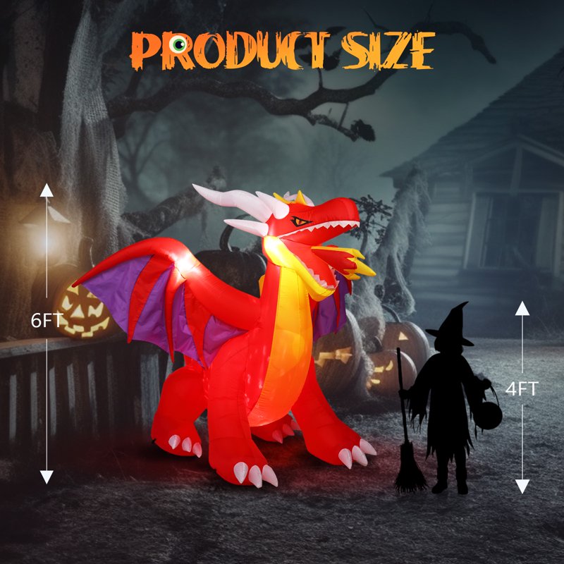 6FT Halloween Fire Dragon Inflatable Decoration with Built-in LED Lights Outdoor