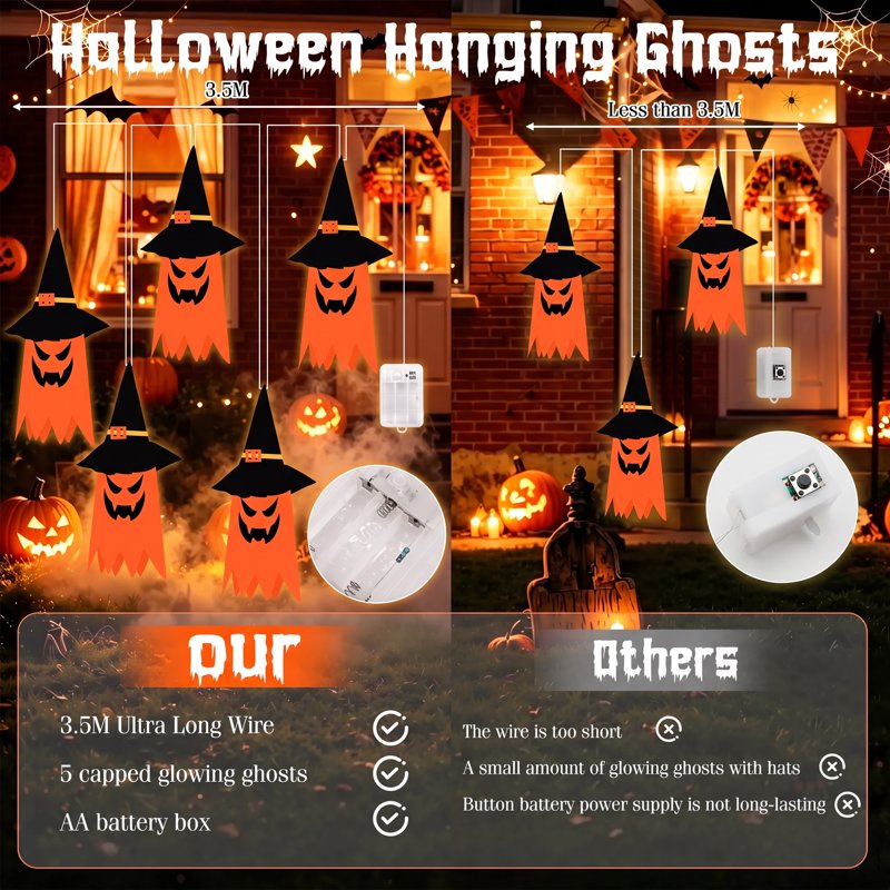 Halloween Ghost Decorations Indoor Outdoor with Witch Hat Lights - Orange, 5 Pack