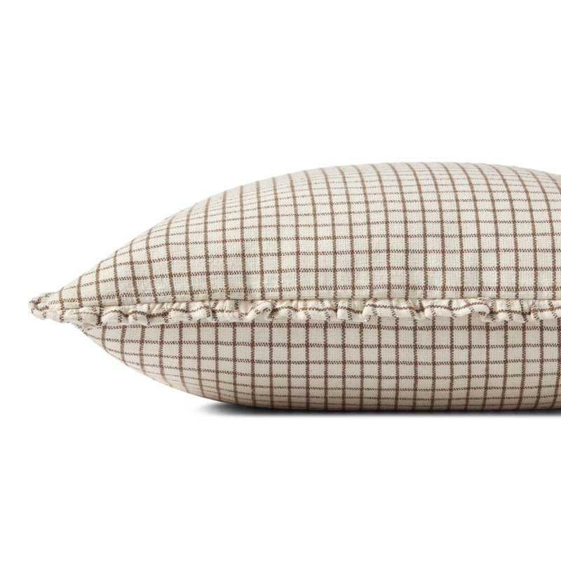 Decorative Throw Pillow 22 x 22 Inches - Ivory Earth Gridded Pattern with Ruffles