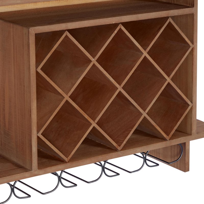34" Brown Wood Geometric 8-Bottle Wall Wine Rack with Glass Holder