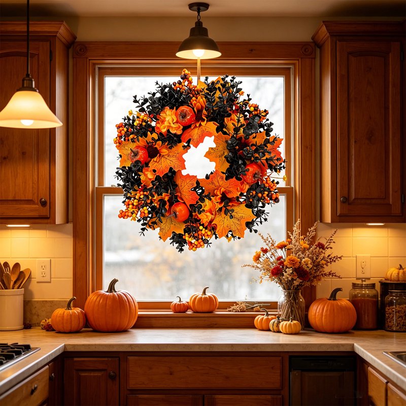 Fall Wreath for Front Door Halloween Thanksgiving Artificial Autumn Decor D-9