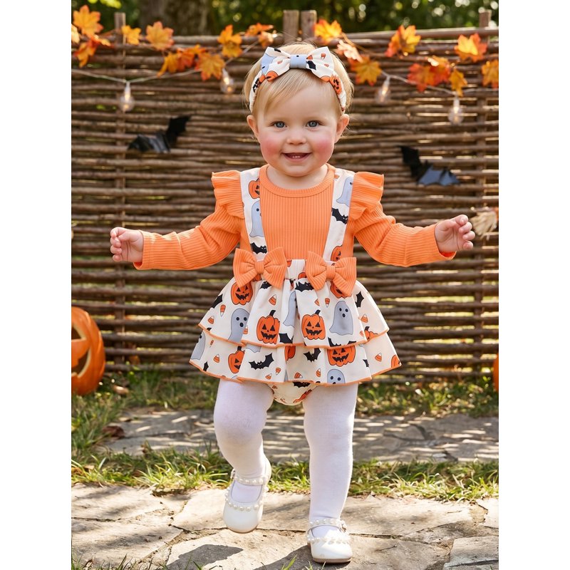 Baby Girl Halloween Bodysuit Set with Pumpkin Ghost Print & Headband - 0-3 Months Orange