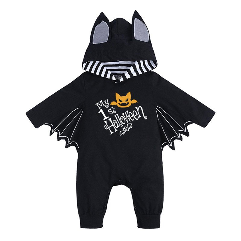 Baby Halloween Bat Romper & Jumpsuit, Hooded Playsuit for 3-6 Months - Black